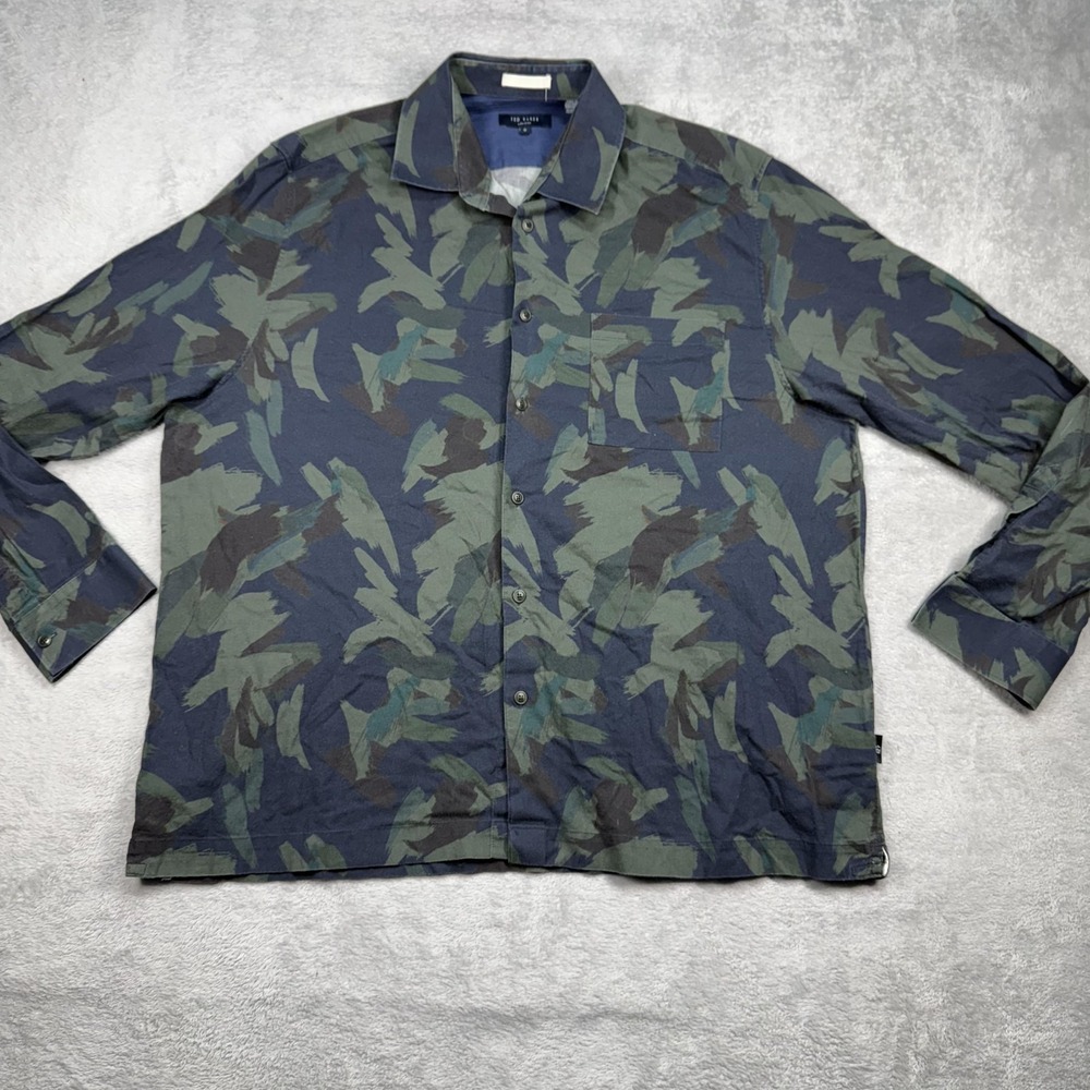 Ted Baker Button Front Shirt Mens 6 Blue Green Abstract Camo MMA-FIELDER LS - Picture 4 of 13